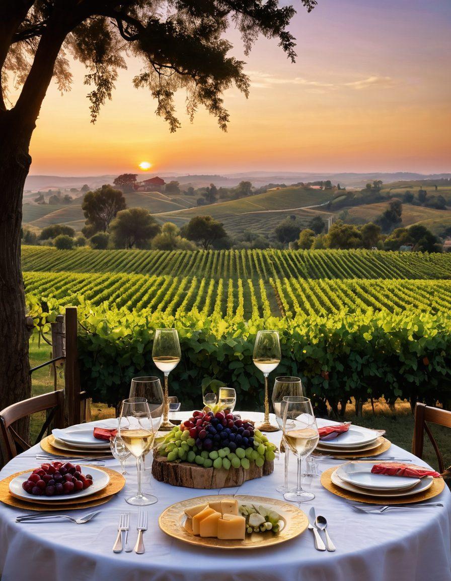 A beautifully set dining table with elegant red and white wine glasses filled to the brim, surrounded by fresh grapes and cheese platters. Soft candlelight flickers, casting a warm glow on happy friends toasting in the background, laughing and sharing joyful moments. Lush vineyards in the distance under a golden sunset sky, creating a sense of bliss and celebration. luxurious and inviting atmosphere. vibrant colors. painting.