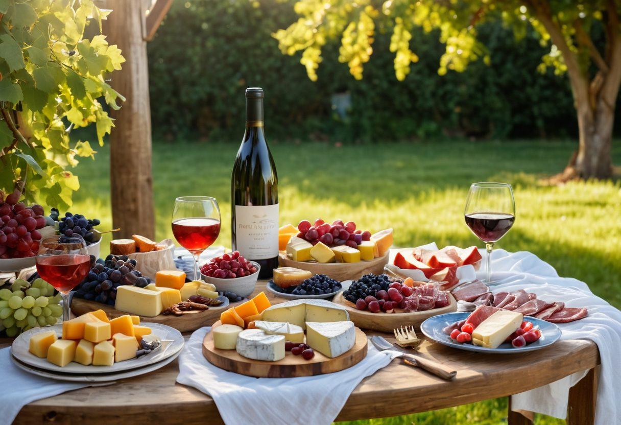 A lively and inviting vineyard scene featuring a rustic wooden table adorned with elegantly poured glasses of red and white wine. Surrounding the table are colorful platters of gourmet cheeses, fresh fruits, and charcuterie, all set against a backdrop of sun-kissed grapevines under a clear blue sky. Soft linen napkins and twinkling fairy lights add to the celebratory atmosphere. Capture a sense of joy and sophistication in the image. super-realistic. vibrant colors. warm lighting.