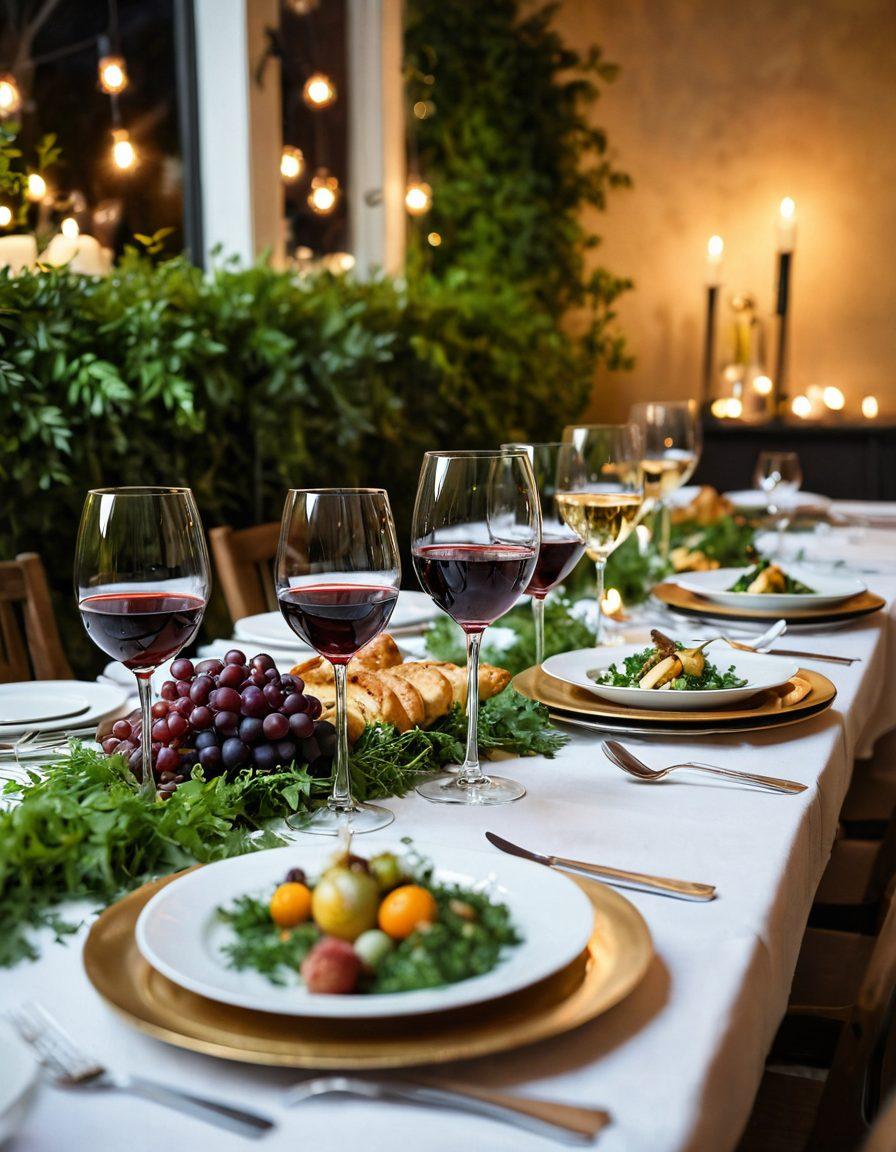 A beautifully set table featuring an array of gourmet dishes paired with elegant wine glasses, each wine matching its dish, surrounded by lush greenery and soft ambient lighting, evoking a warm gathering atmosphere. The scene should include a diverse selection of wines along with appetizers, main courses, and desserts, creating a sense of celebration and connection. super-realistic. vibrant colors. soft-focus background.